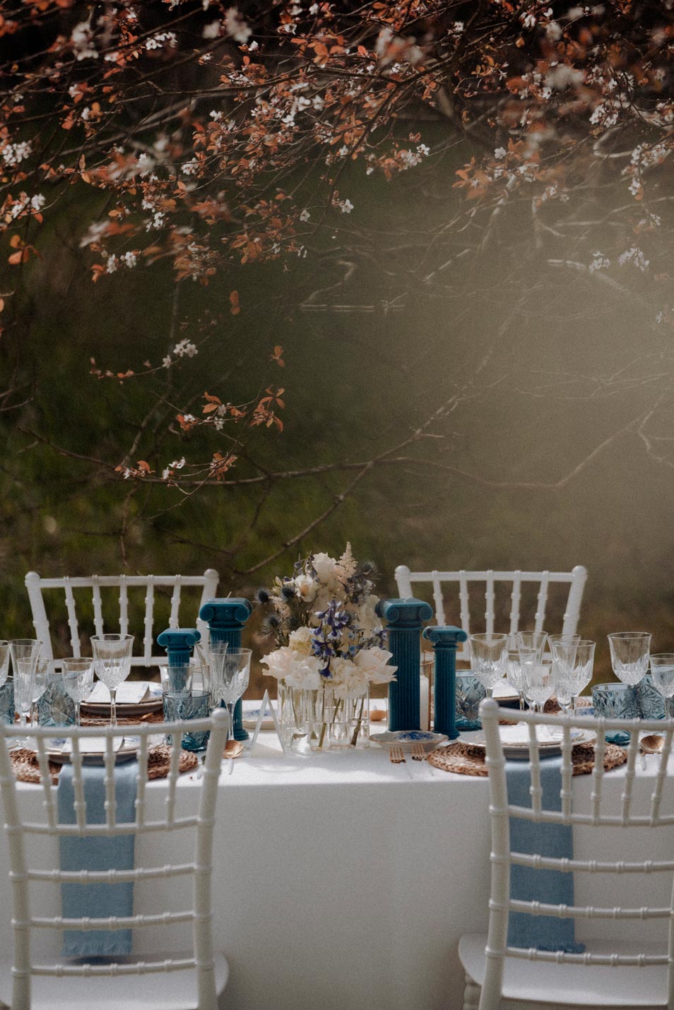 mesa decorada con tonos azules y blancos bajo un árbol