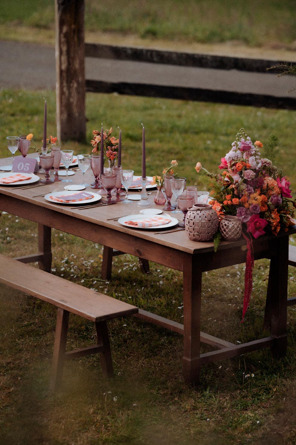 mesa decorada en mitad del campo en tonos magentas